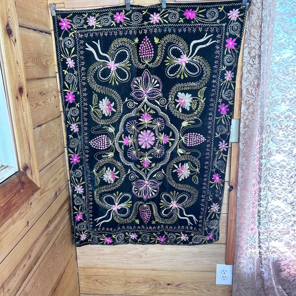 Vintage Velvet Suzani Tapestry Wall Hanging Brown Uzbek Tribal Floral Embroidery
